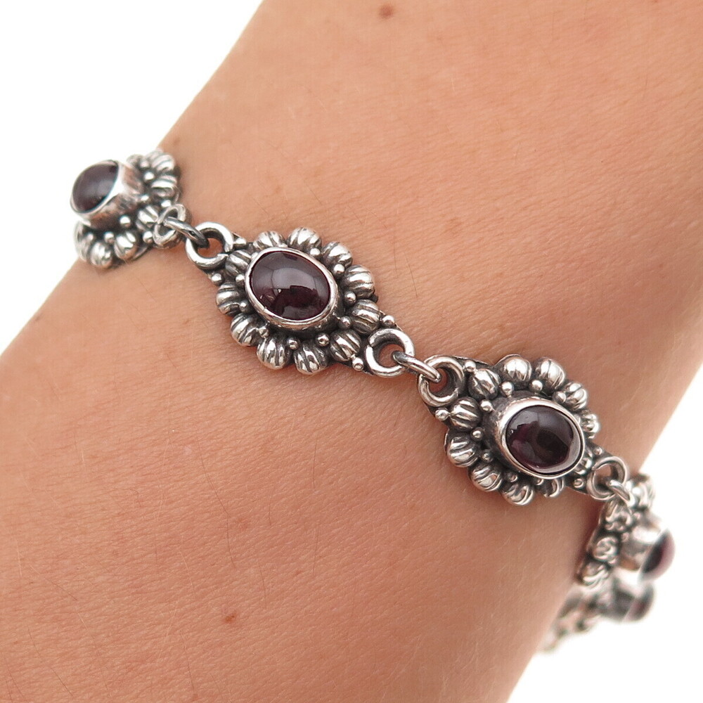 925 Sterling Silver Vintage Real Rhodolite Floral Oxidized Bracelet 7.25"